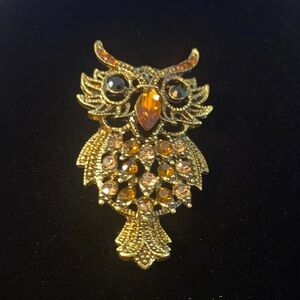 Elegant Gold Owl Brooch with Orange Accents